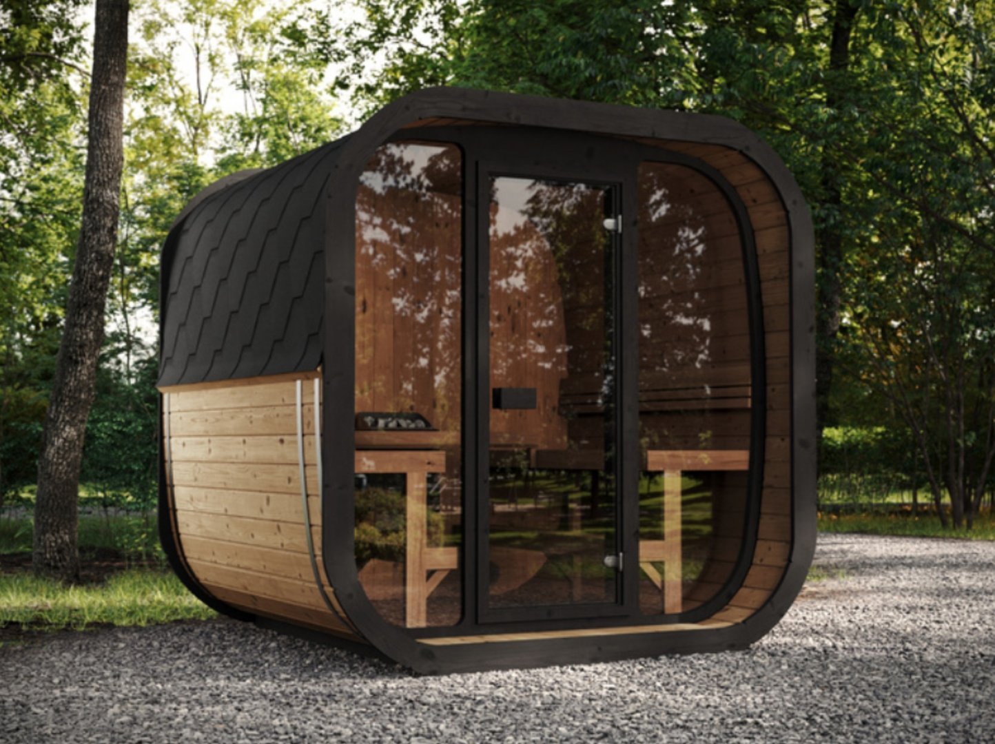 Saunamo Sauna moderne Cube 220 avec porte en verre.