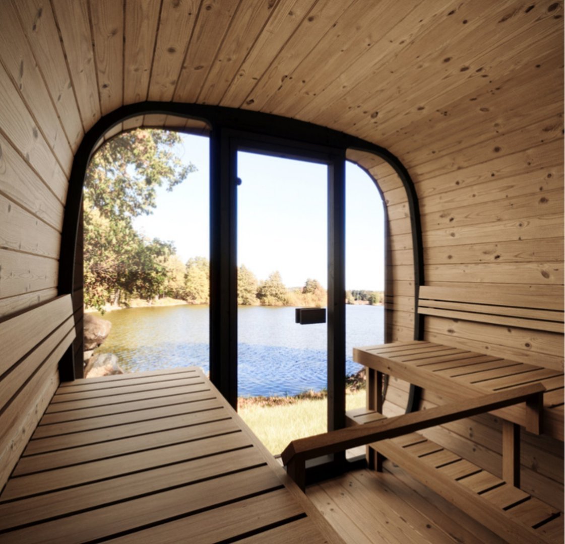 Saunamo Sauna moderne Cube 220 avec sièges ergonomiques et vue extérieure.