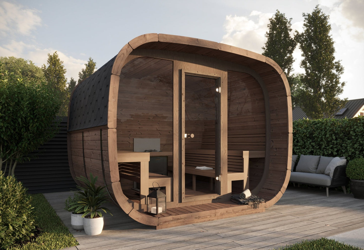 Saunamo Sauna Cubus avec structure en bois et en verre.