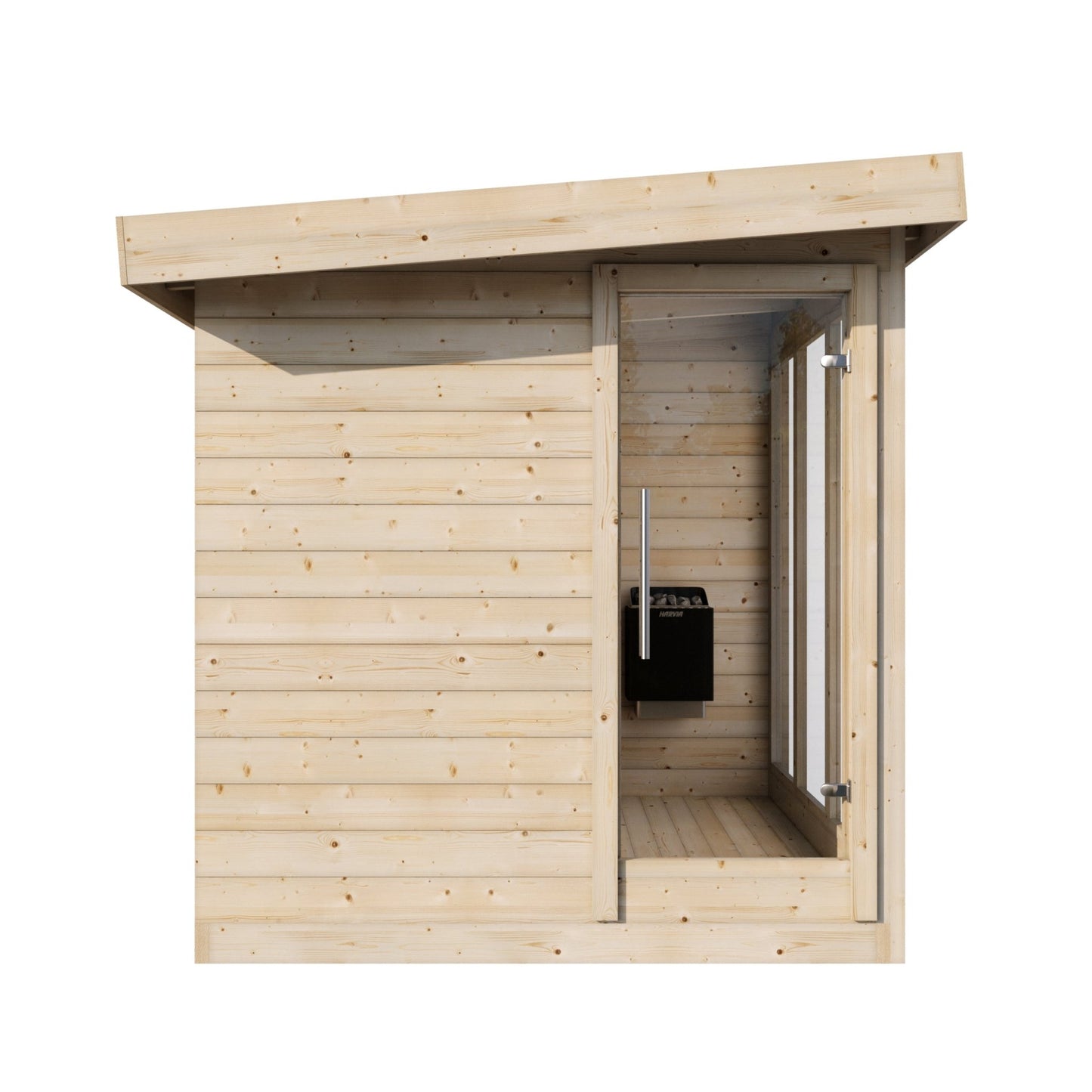 Saunamo Sauna extérieur Deluxe avec porte ouverte et grill.