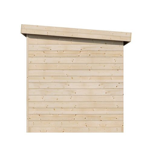 Sauna Exterior Deluxe com design de madeira e telhado inclinado.