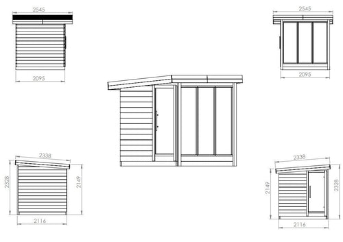 Sauna Exterior Deluxe em desenho técnico, destacando design e janelas.