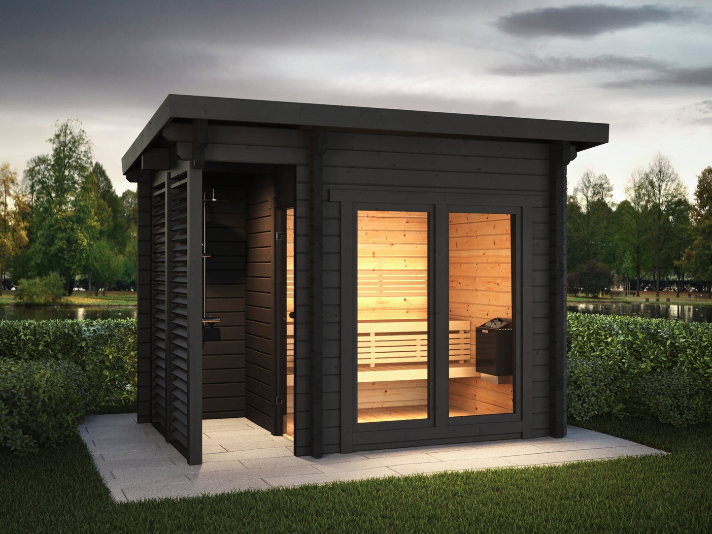 Saunamo Sauna de luxe Deluxe Plus dans un espace vert.