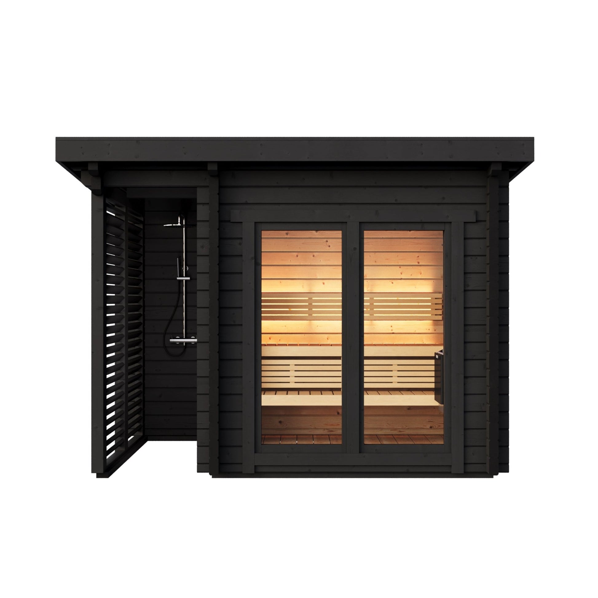 Saunamo Sauna Deluxe Plus avec porte vitrée et banc intérieur.