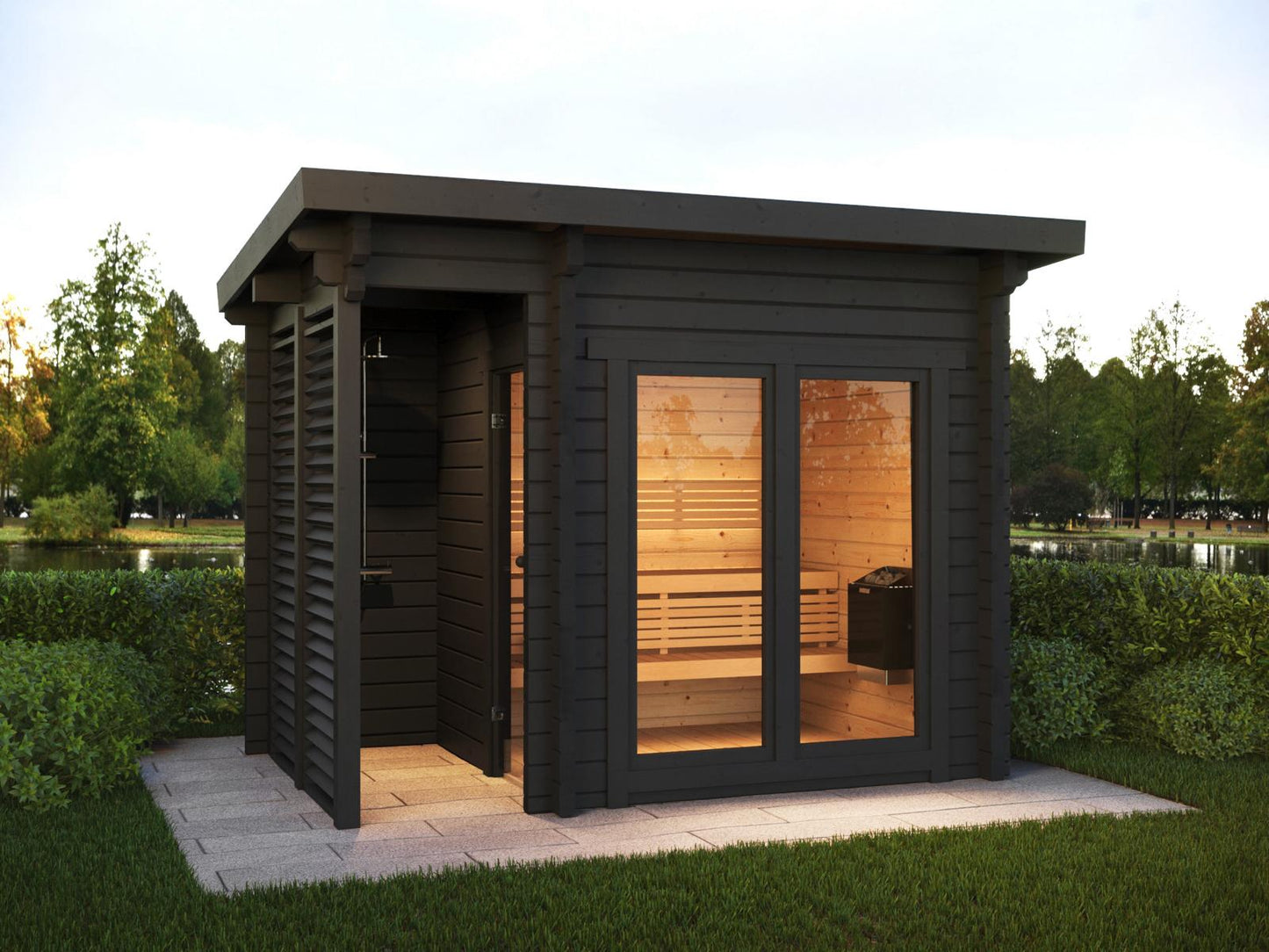 Saunamo Sauna Deluxe Plus en bois dans le jardin.