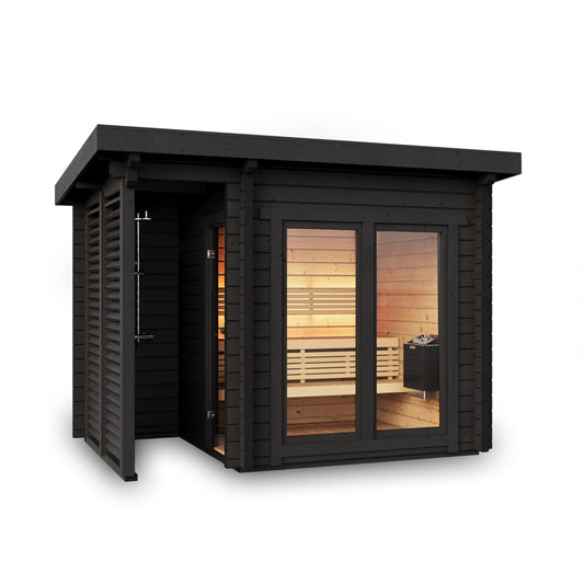 Saunamo Sauna Deluxe Plus en bois de sapin avec porte en verre.