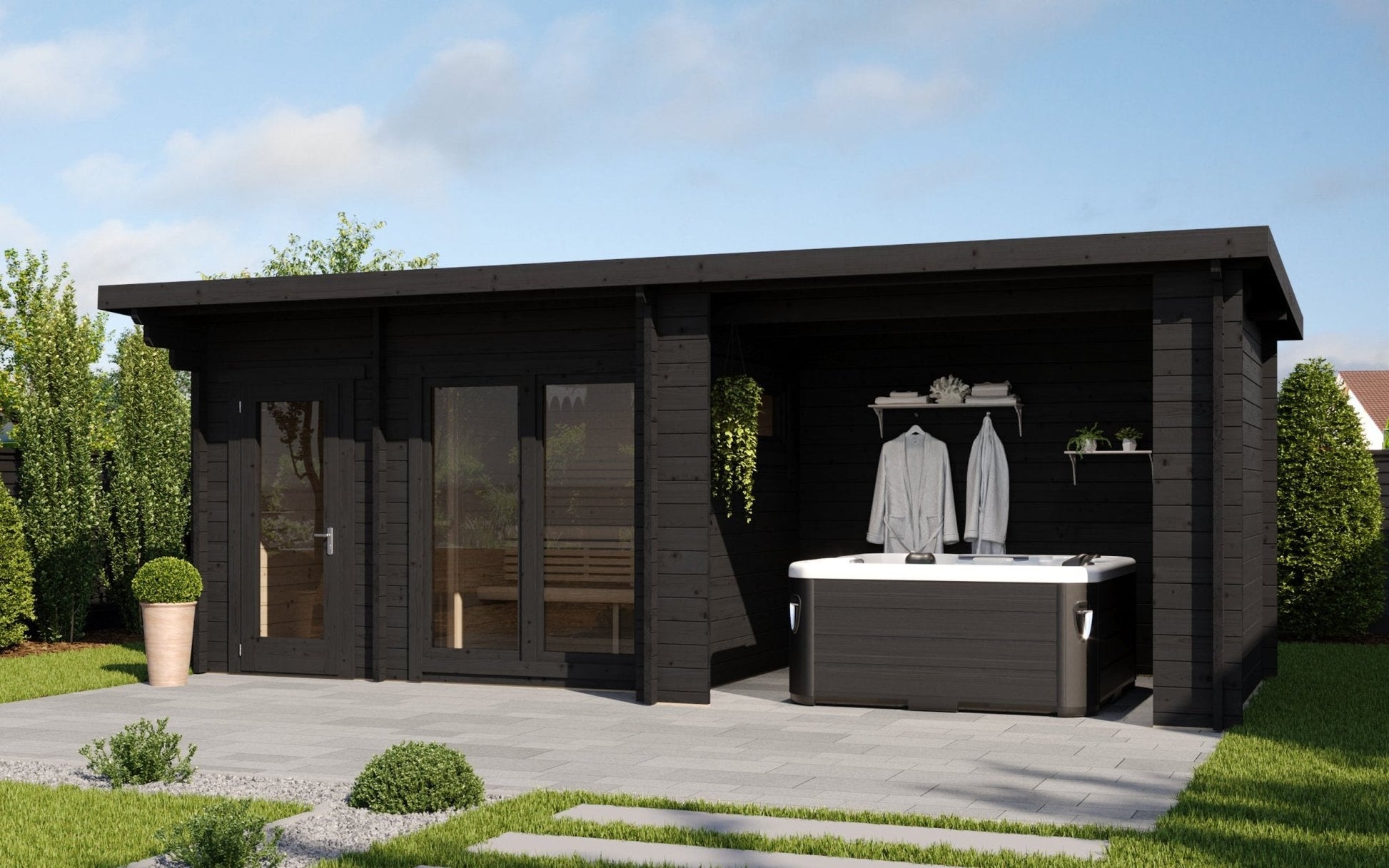 Sauna Exterior Deluxe Spa com jacuzzi e sauna integrados.