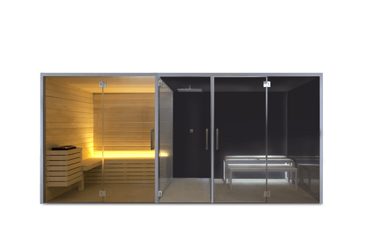 Saunamo Double : Sauna et Hammam avec paroi en verre et bancs.