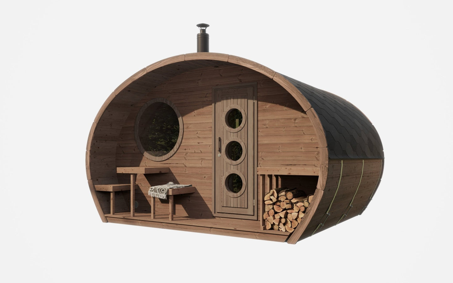 Saunamo Sauna extérieur en bois Hobbit 300 avec porte ronde et cheminée.