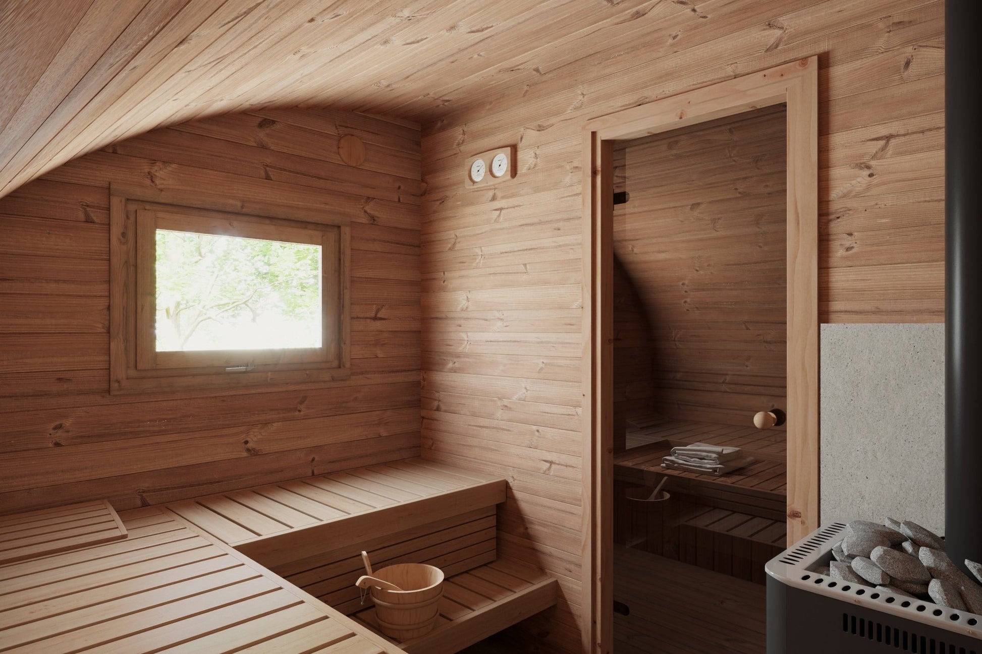 Saunamo Sauna Hobbit 500 avec fenêtre et seau en bois