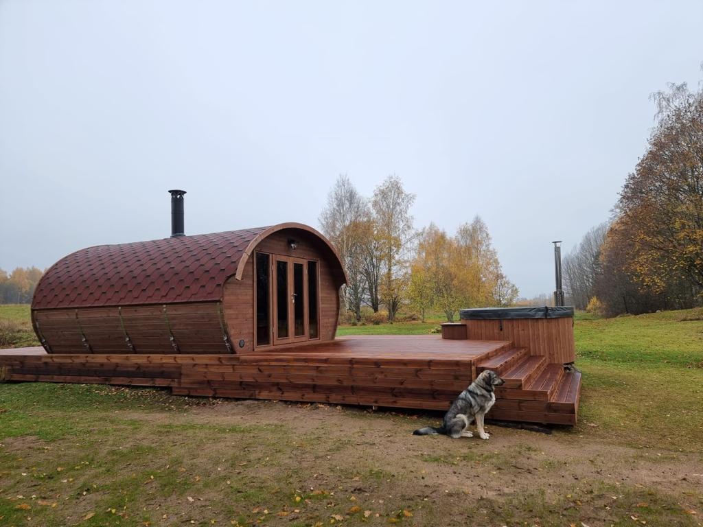 Saunamo Sauna Hobbit 500 à côté de la terrasse en bois.