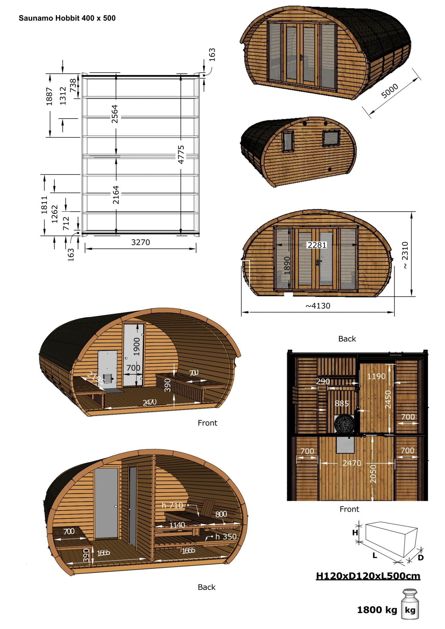 Saunamo Sauna Hobbit 500 avec 3 pièces séparées.