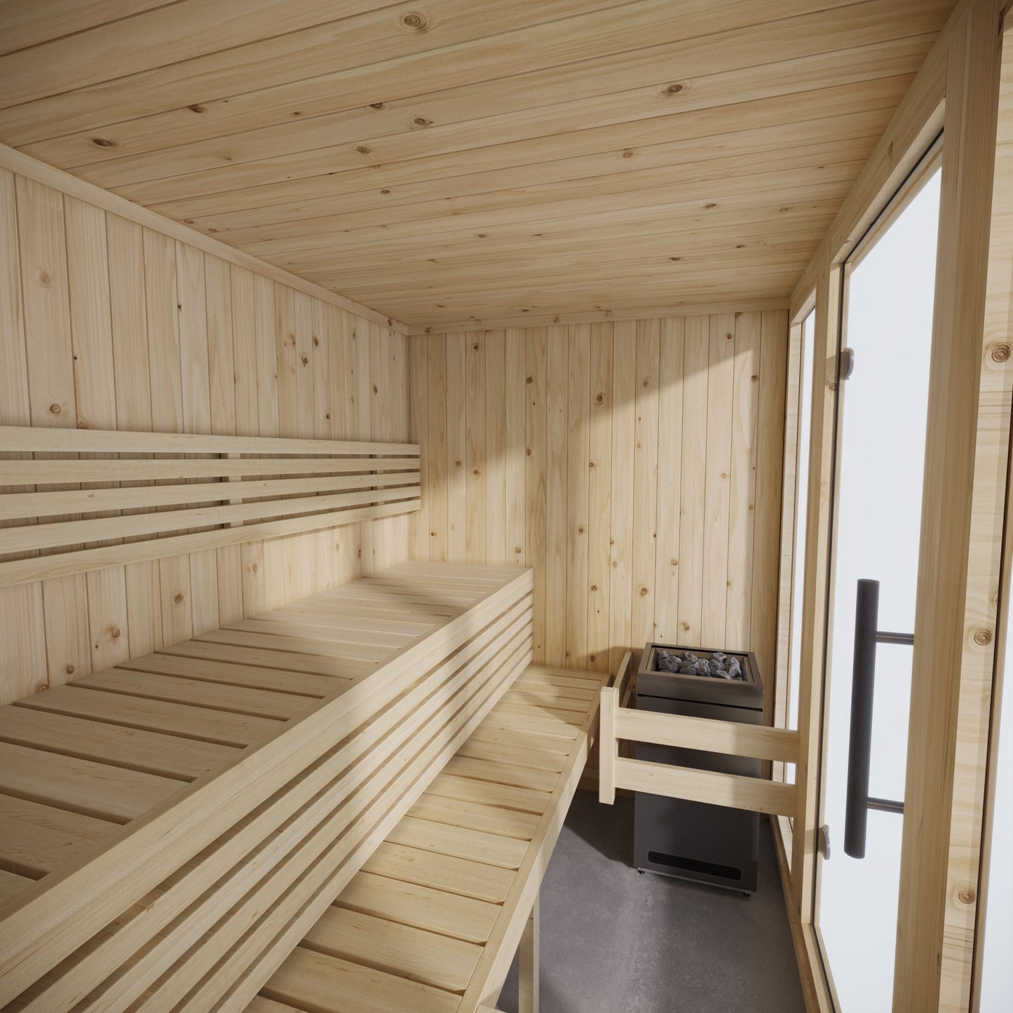 Grand sauna intérieur en bois avec fenêtres et bancs.