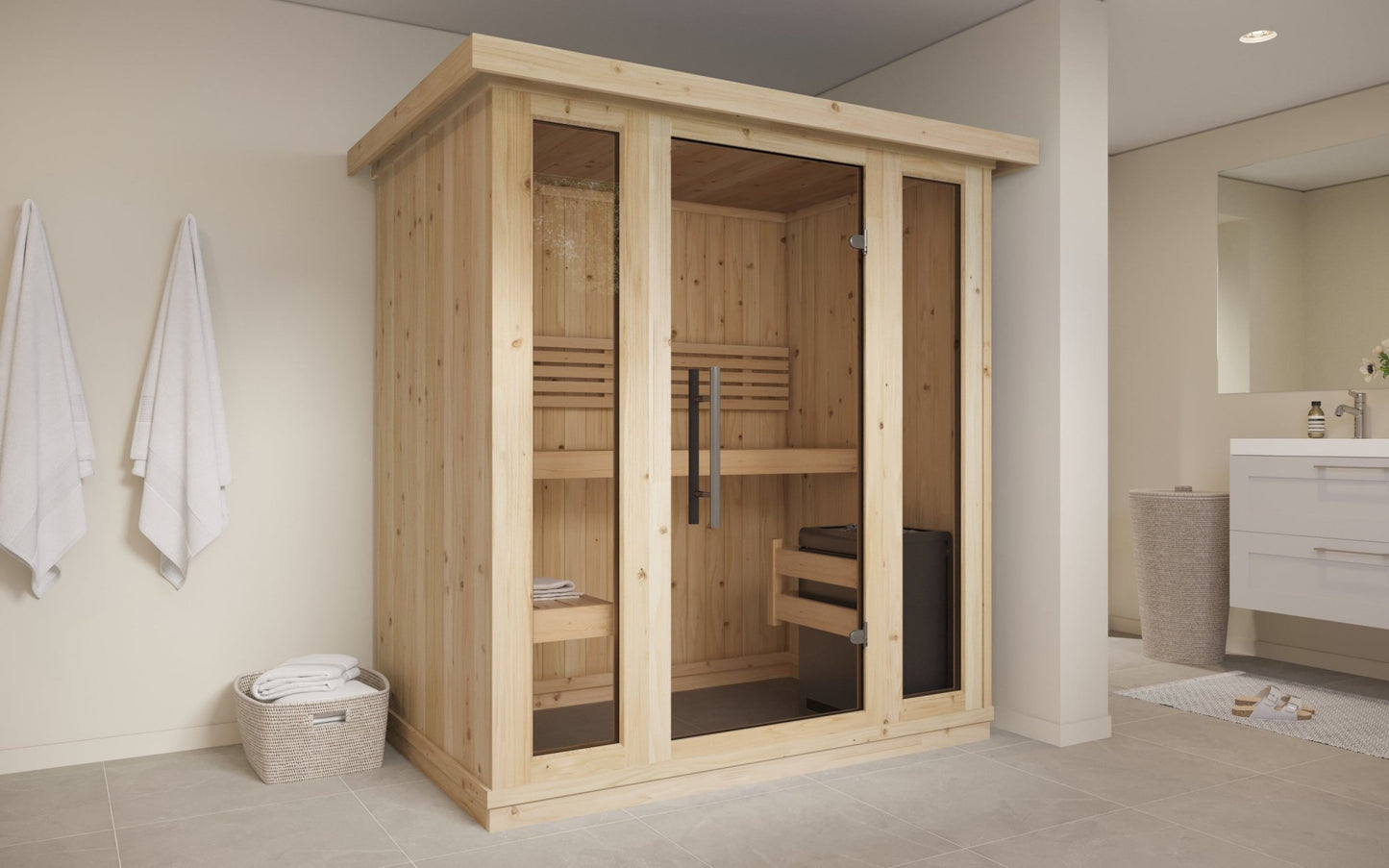 Mini sauna intérieur en bois avec portes en verre.