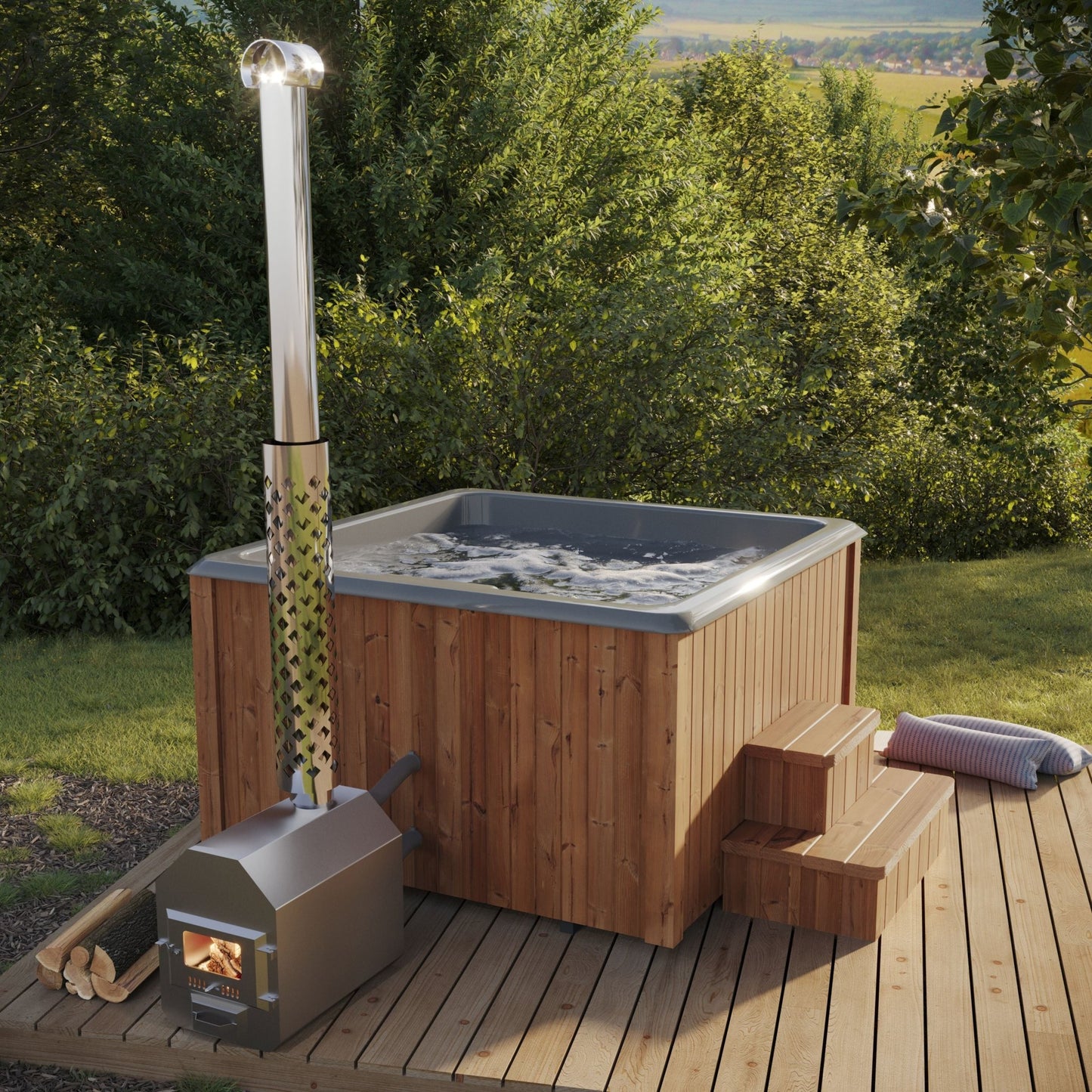 Saunamo Baignoire Thermalux 190 avec chauffage au bois sur la terrasse extérieure.