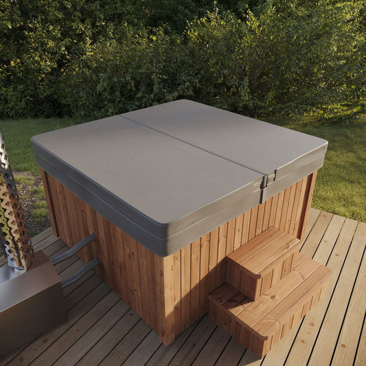 Saunamo Bain d'hydromassage extérieur Thermalux 190 sur une terrasse en bois.