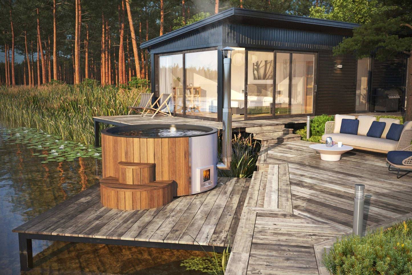 Saunamo Baignoire d'hydromassage Thermalux 220 sur une terrasse en bois.