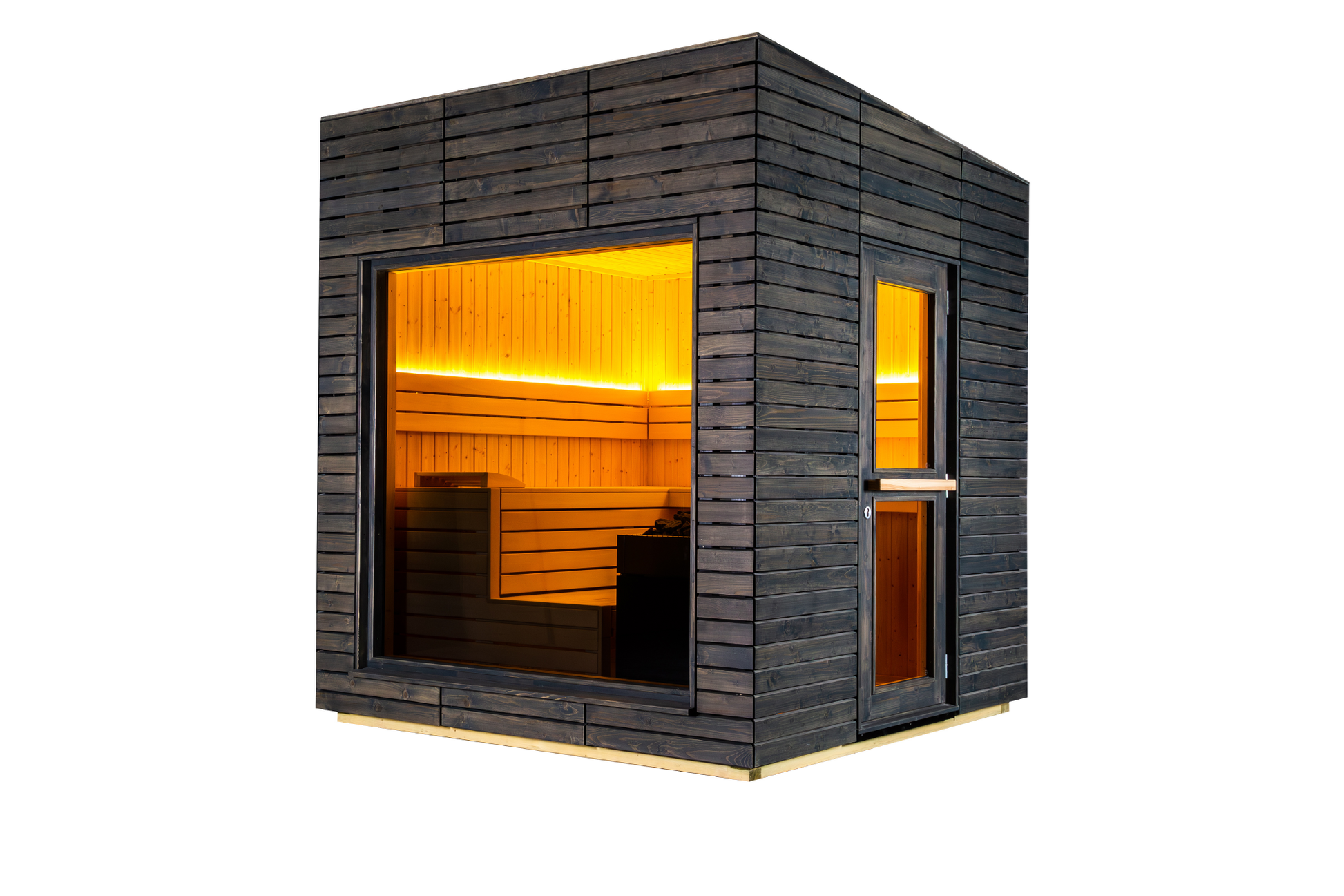 Sauna extérieur isolé Alpine avec fenêtre éclairée.